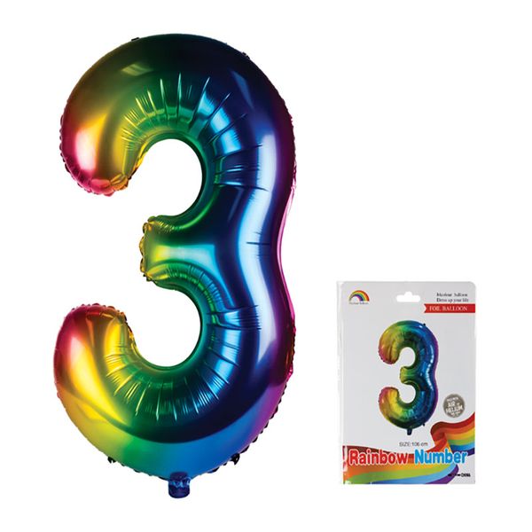 Balloon - Aluminium Foil - Metallic Rainbow - Number 3 - 106cm - 10 Pack
