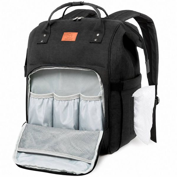Multifunctional Black Diaper Bag Backpack, Spacious Maternity Travel Bag