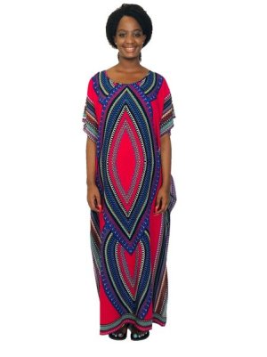 Into Africa - African Dashiki tribal long Viscose kaftan maxi dress Cerise