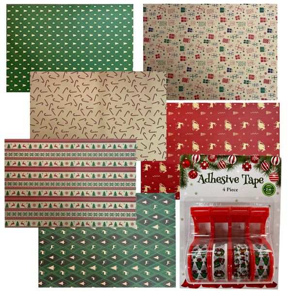 Craft 6pc Festive Christmas Gift Wrap With 4pc Holiday Adhesive Tape Rolls