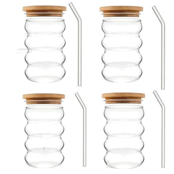 4-piece 550ml Glass Cup Set with Bamboo Lid &amp; Glass Straw - Transparent