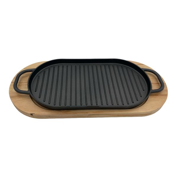 Quality Cast Iron Sizzler Plate With Handles And Wooden Board - 30 x 16cm
