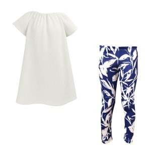 Baby/Toddler/Kids-Gathered Peasant Neck-Top&amp;Capri Legging-White Leaves