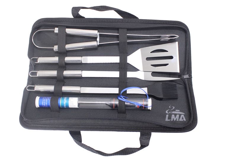 LMA Stainless Steel 5 Piece Braai Utensil &amp; Meat Thermometer Set In Bag