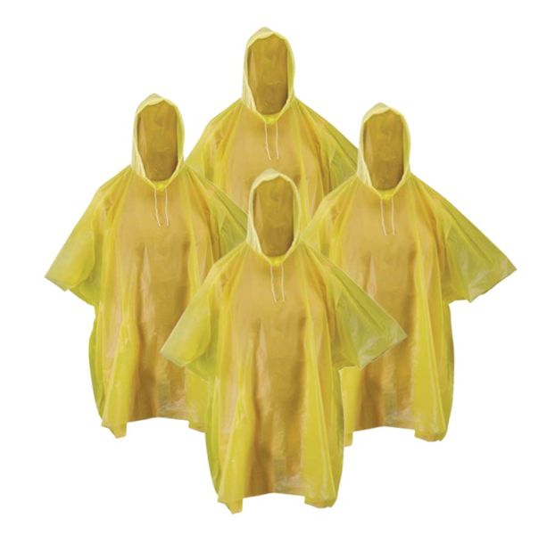 Camping &amp; Travel - Adults Hooded Yellow Rain Poncho (Set of 4)