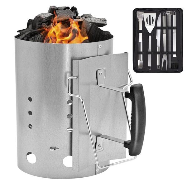 Rapidfire Chimney Starter&amp;Grill Spatula&amp;Oil Brush Stainless Steel BBQ Kit