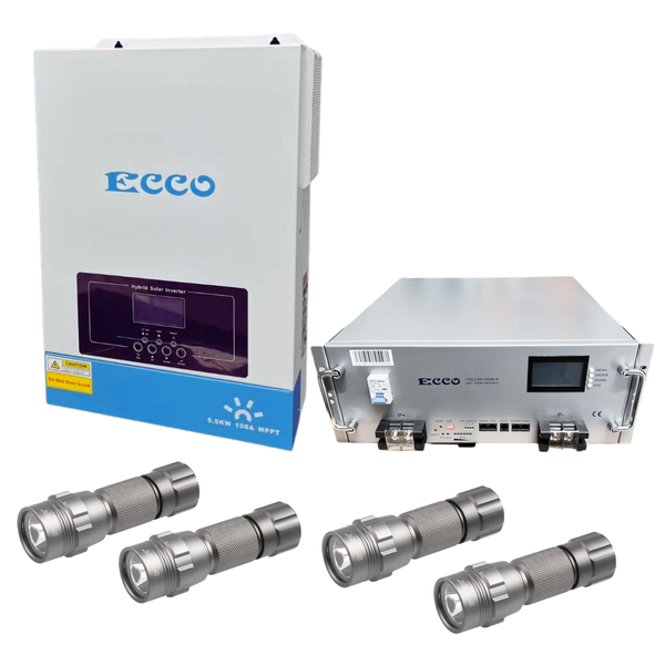 Ecco 5.5Kw Solar Inverter Lithium ion 48V Battery 4 Stier torches
