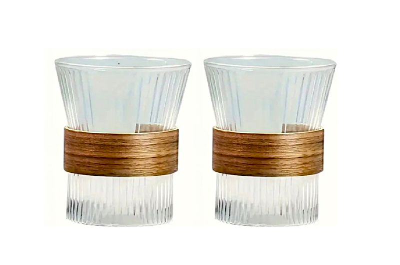 White Glass Cup Set of 2 with Wooden Grip