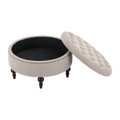 3-in-1 Round Light Brown Linen Storage Ottoman,Waterproof Tufted,300LBS