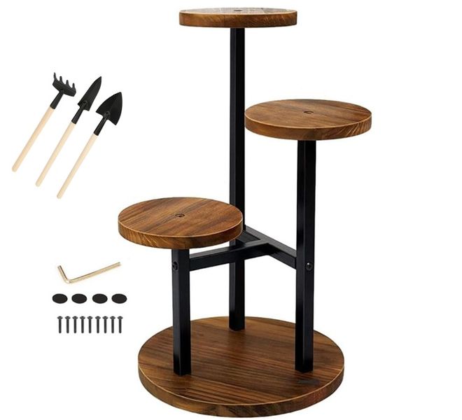 3 Tier Plant Stand, Metal Wood Shelf Holder &amp; 3 PCS Small Gardening Tools