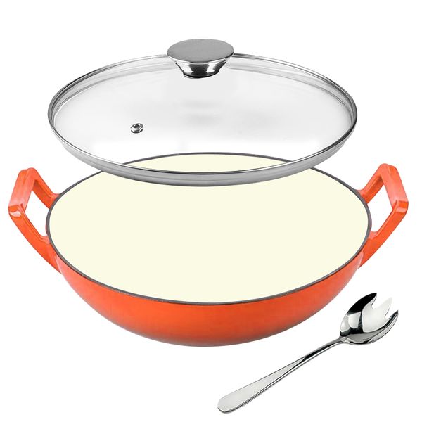 Super Large Cast Iron Multi-Cooker with Enamel Finish Woks with Glass Lid