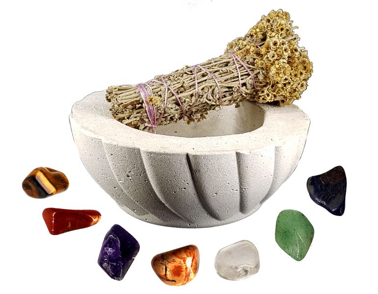 Grey Cement Smudge Bowl,Imphepho Smudge Wand &amp; Chakra Stone Combo