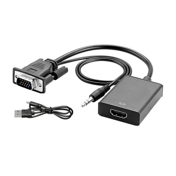 Black Adapter Cable VGA Male to HDMI Female With Audio Plus Power Cable