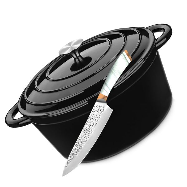 2 Piece Enameled Cast Iron Dutch Oven with Dual Handles &amp; Carving Knife - 24cm