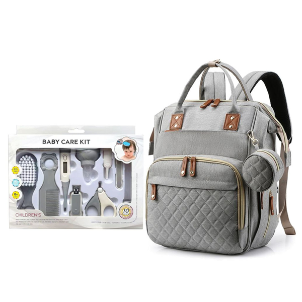 10-in-1 Baby Care Kit &amp; Multi-Functional Baby Diaper Bag - Grey
