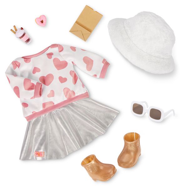 Our Generation 18-Inch Deluxe Outfit with Heart Print Top and Silver Skirt