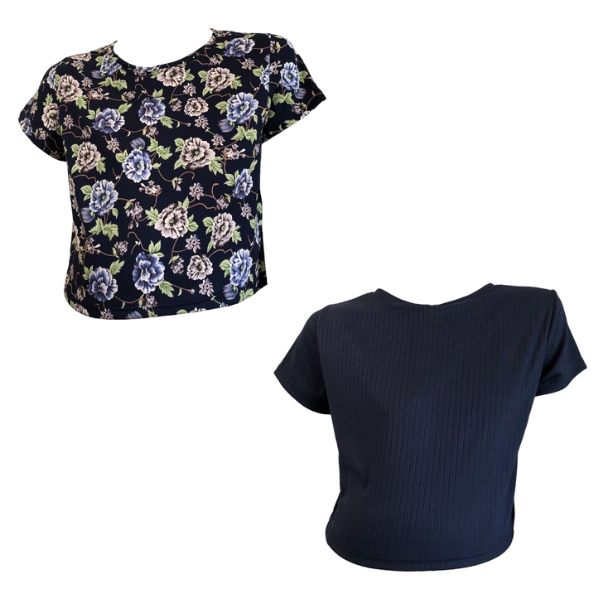 Maternity 2-Pack Short Sleeve Crop Tops Navy Floral &amp; Rib Navy