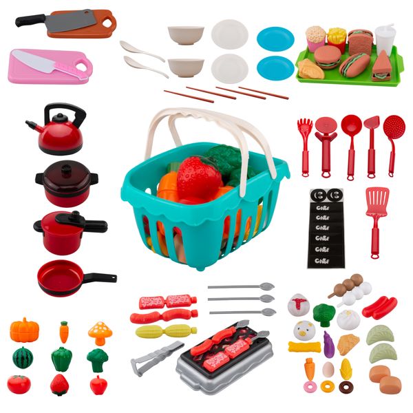 74 Piece Pretend Play Kitchen Velcro Fruit Food Cutting Set Toys Pot Stove