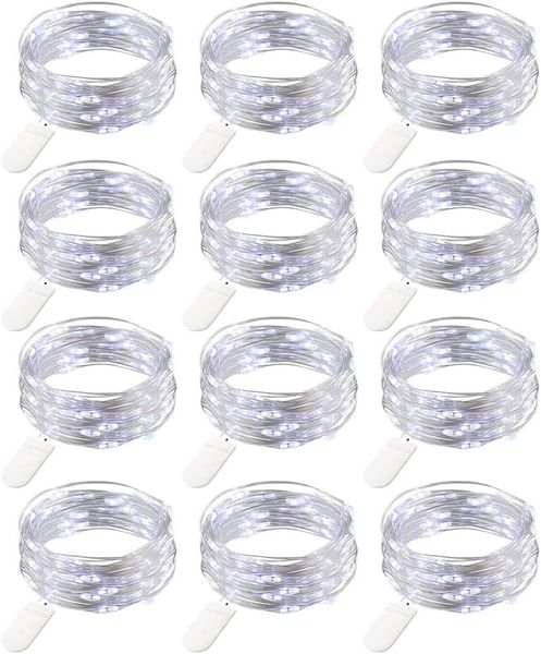 12-Pack 7ft 20LED Silver Wire Fairy Lights - Battery Powered, Cold White