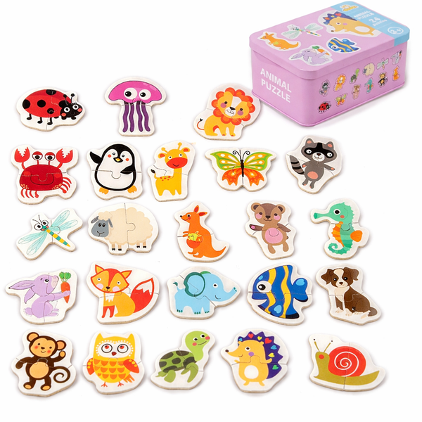 24 Piece - Educational Wooden Animal Puzzle Paired Animals - Pink