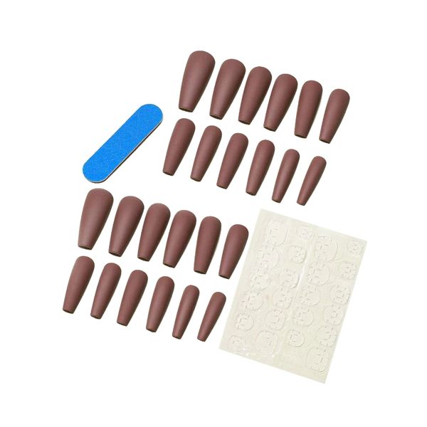 24 Piece Plain Stick On Nail Set - Brown