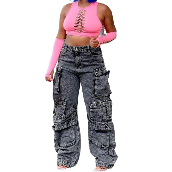 Women's Jeans Hot Trend Multi-Pocket Large Size Jeans-Dark Grey