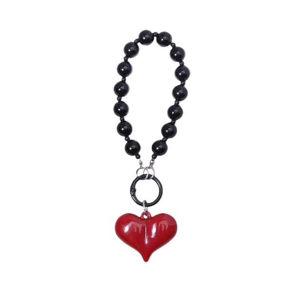 Red Heart Phone Charm - Black Beaded Keychain &amp; Purse Strap Accessory