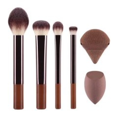 6 Piece Makeup Brush Set With Beauty Blender Sponge &amp; Powder Puff - Brown