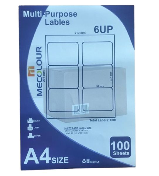 Mecolour 6Up / 6 up Label Self Adhesive A4 Size 100 Sheets