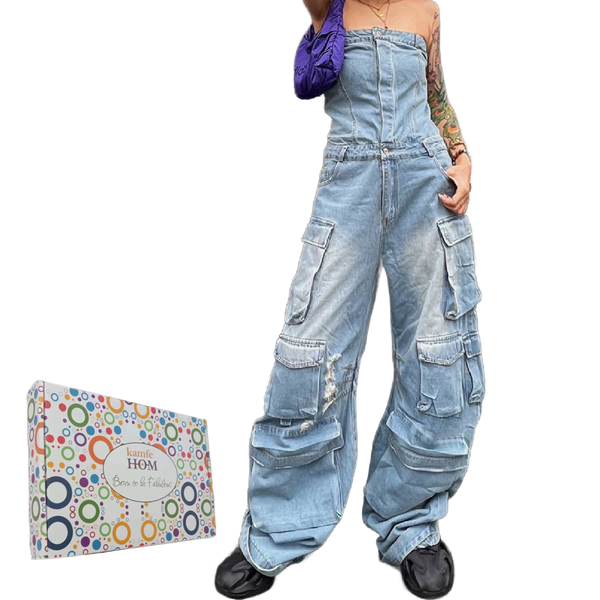 KAMFE HOM Street Style Tube Top Multi-Pocket Denim Overalls Jumpsuit
