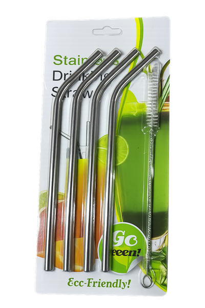 Stainless Steel Bent Reusable Drinking Straws Set with Cleaning Brush