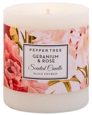 Pepper Tree Geranium &amp; Rose Small Scented Pillar Candle 400ml