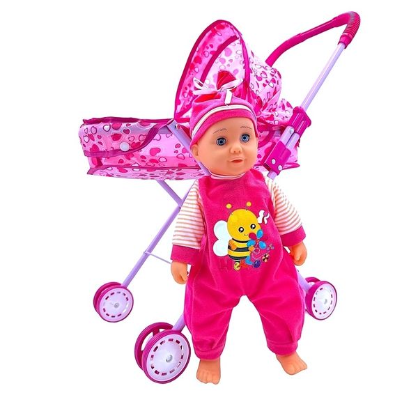 35cm Crying Baby Doll Combo with Hooded Pram/Stroller
