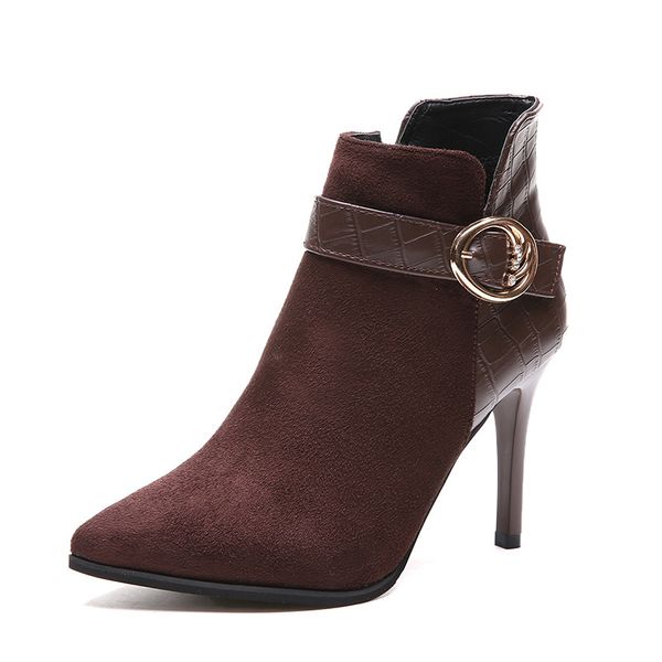 High Heel Shoes for Woman Pointed Toe Heels Ankle Boots - Suede Brown Black