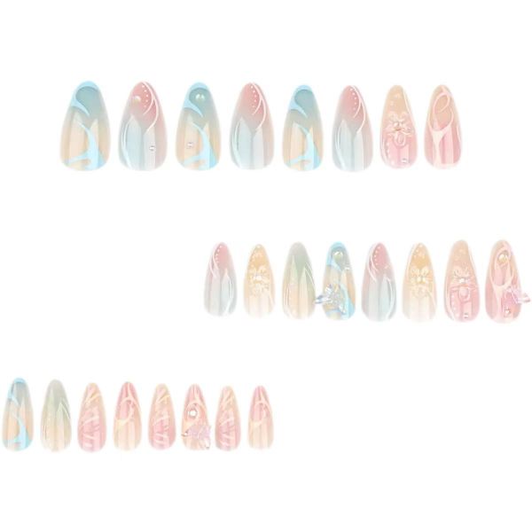 Blue And Pink 3D Floral French Manicure With Oombre False Nails