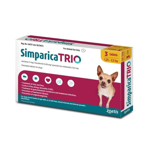 Zoetis - Simparica Trio 1.3 - 2.5kg Ticks, Fleas and Deworming