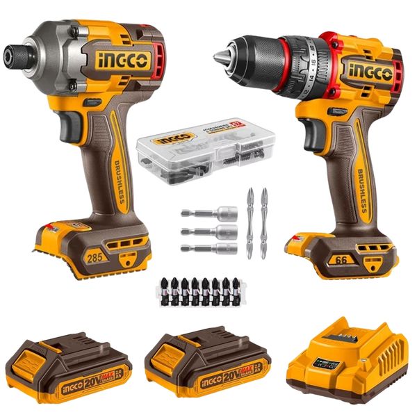 Ingco - Cordless Impact Drill &amp; Driver with 2 Batteries, Charger &amp; 60Pc Acc