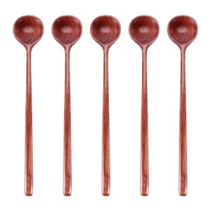 Long Spoons Wooden, 5 Pieces Korean Style 10.9 inches 100% Natural Wood Lon