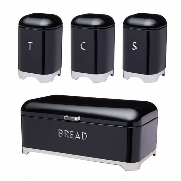 Bread bin &amp; Canister Set 4 Piece Retro Black &amp; Silver