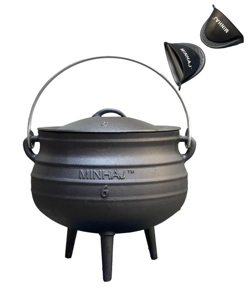 Minhaj - Cast Iron Potjie Pot Size 6 with 2 Silicone Gloves