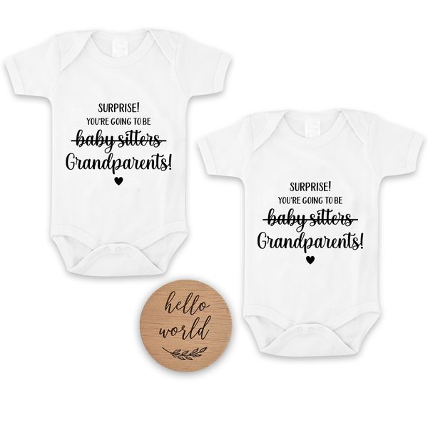 Surprise Grandparents Pregnancy Announcement Onesies With Hello World Disc