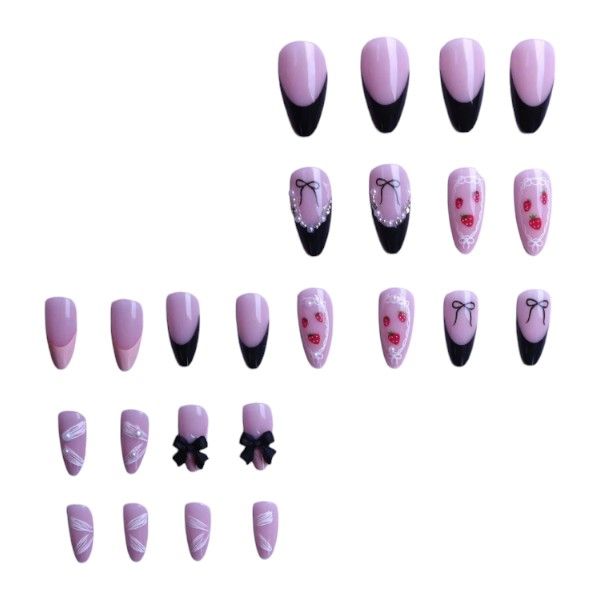 24 Piece - Long Almond Acrylic Black French Press-On Nails - Multicolour