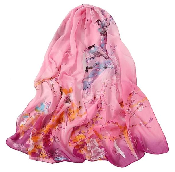Lady's Satin Silky Scarf Fantasy with Floral Pattern - Yellow/Purple
