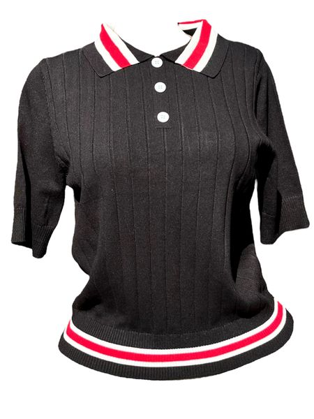 Ladies Summer Ribbed Polo in Black with Red and White Accents