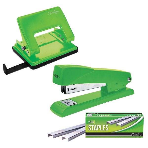 Treeline Metal Stapler &amp; Punch Combo + Box of Staples - Green