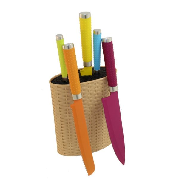 Grunwerg Rockingham Forge 5 x Colour Coated Steel Kitchen Knives With Block