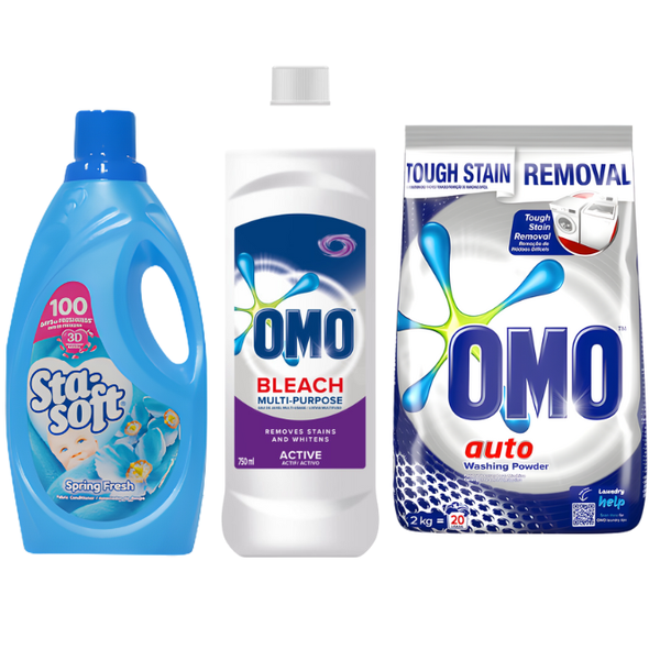 OMO Auto Washing Powder 3kg + Sta-Soft Spring Fresh 2L + OMO Bleach 750ml