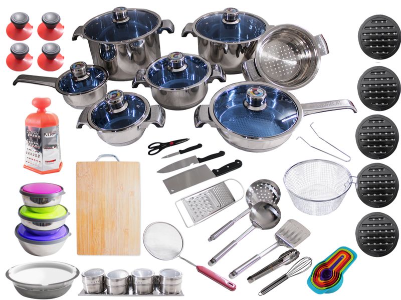 56 Pieces Glass-Lid S. Steel Pots Kitchen Accessories &amp; Measuring Spoon Set