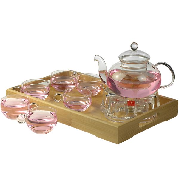 9Pcs Tea Set Glass Filtering Tea Maker Teapot with a Warmer and 6 Tea Cups