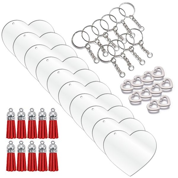 Clear Acrylic Blank Heart Keyring Red Tassel Kit with Red Charms